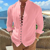 Spring Autumn casual shirt loose Men's Solid Color Long Sleeve Shirt Button Shirts Vintage MartLion pink US XXXL 