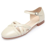 Summer women's sandals leather soft sole hollow word buckle belt hollow leather toe flat heels MartLion Beige 35 