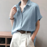 Summer Oversized Shirts Women Shirt Loose Solid Tops Short Sleeved Blouse Casual Solid Buttons Down MartLion   