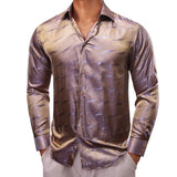 Luxury Shirts Men's Silk Satin Beige Plaid  Long Sleeve Slim Fit Blouses Trun Down Collar Tops Breathable Clothing MartLion   