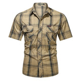 Men Lapel Shirt Plaid Printing Shirts Summer Short-sleeve Shirts n Tops Casual Streetwear Male Work Shirts MartLion 4XL Khaki 