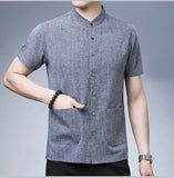 Men's Short-sleeved Seasonal Shirt with Stand Collar Linen Casual Daily Large Pocket Stand Collar Half Sleeve Shirt MartLion   