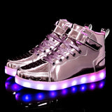 Men's and Women's High Top Board Shoes Children's Luminous LED Light Shoes Mirror Leather Panel MartLion Pink037 44 
