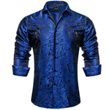 Luxury Blue Black Paisley Silk Shirts Men's Long Sleeve Wedding Party Prom Tuxedo Dress Casual Designer Clothing MartLion