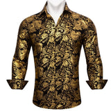 Designer Men's Shirts Silk Gold Embroidered Paisley Flower Long Sleeve Casual Blouses Slim Fit Clothing Lapel Tops Barry Wang MartLion 0591 S 