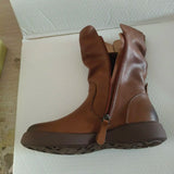Ankle Boots Cow Leather Motorcycle Platform Wedge Winter Plush Knee High Women Shoes