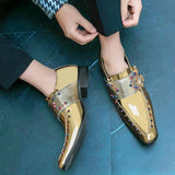 Brand Golden Glitter Leather Rhinestone Men's Chelsea Shoes Pointed Luxury Designer Couples Dress MartLion   