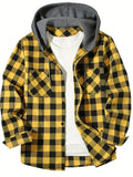 Men's Shirts Classic Plaid Casual Button Down Hooded Long Sleeved Double Pockets Shirt Hoodie Flannel Jacket Tops MartLion LB405-LianMaohuangse XXL 