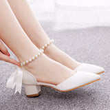 Crystal Queen Women Pumps White Silk Beading Bride Shoes Pointed Toe Buckle Strap Sandals 4CM Thick High Heels MartLion   
