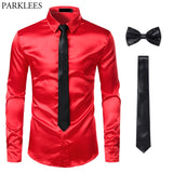 Black Men's Silk Dress Shirts 3Pcs(Shirt +Tie+Bowtie) Smooth Satin Slim Fit Party Prom Casual Social Camisa Mart Lion   