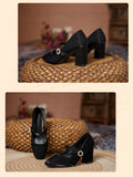 Vintage Silk Satin High Heels Mary Jane Shoes Women Chunky Heels Pumps Pearl Buckle Thick-Heeled Fat Wide Feet Mart Lion   