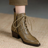 Winter Pointed Toe Women Boots Chunky Heel Shoes Short Retro Western Genuine Leather MartLion   