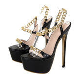 Summer 16CM Stiletto Sandals Women Thick Bottom Open Toe Metal Chain Back Strap Designer Shoes Platform High Heels MartLion Black 42 