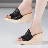 Non Slip Floral Cutout High Heels Wedding Shoes Women Wedges Slippers Summer Beach Slides Thick Sole MartLion Black 10 