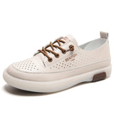 Trendy Hollow Breathable Walking Shoes Summer Microfiber Lace Up Women's Slip Resistant Flat Sole MartLion Beige Z699 7 