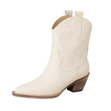 Autumn And Winter Boots Cowhide Material Square Heel Calf Height Women's Shoes Pointed MartLion   