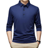 Buttons Neckline Long Sleeve Solid Color Men's Shirt Autumn Slim Fit Lapel Office Pullover Top MartLion Navy Blue M 