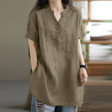 Women Solid Color Longer Shirt Summer V Neck Pullover Button  Blouse Female MartLion Yellowish Brown XXL 