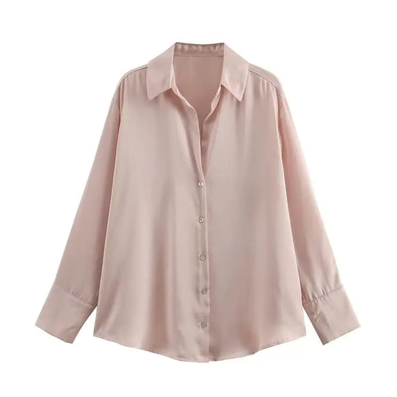  Women Spring Summer Casual Slim Tops Satin Silk Texture Shirts  Long Sleeve Vintage Single Breasted MartLion - Mart Lion