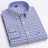 Men's 100% Cotton Plaid Checkered Long Sleeve Oxford Shirt Front Patch Chest Pocket Button-down Striped Versatile Casual Mart Lion L509 42 