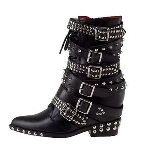 Punk Style Girls Black Leather Spike Rivet Belt Buckles Motorcycle Short Boots Women Round Toe Zipper Side Leisure Ankle Boots MartLion picture 2 43 