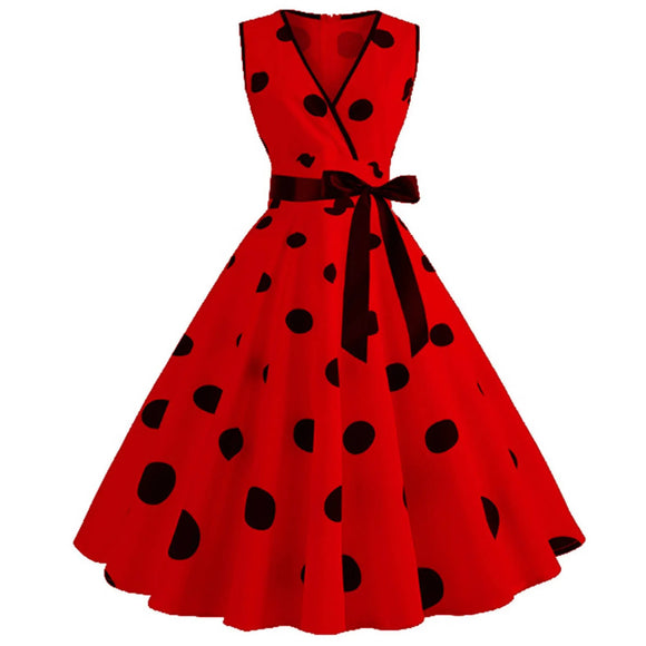 Polka Dot Summer Ladies Dress Vintage Retro With Sleeveless V-Neck  Robe Casual MartLion Red L 