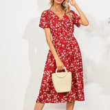 Women's Small Floral Printed Short-sleeved Dress, Summer Dresses   Women's Dress MartLion Red L 