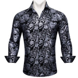 Luxury Silk Shirts Men's Long Sleeve Red Black Floral Embroidered Slim Fit Tops Button Down Collar Clothes Barry Wang MartLion 0593 S 
