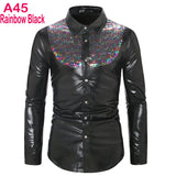 Silver Metallic Sequins Glitter Shirt Men's Disco Party Halloween Chemise Homme Stage Performance Shirt MartLion A45 Rainbow Black US Size S 