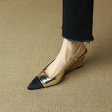 Spring Women Sandals Genuine Leather Shoes Pointed Toe Wedges Heels Ladies Golden Sliver MartLion   