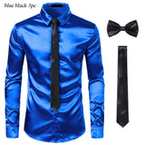 Black Men's Silk Dress Shirts 3Pcs(Shirt +Tie+Bowtie) Smooth Satin Slim Fit Party Prom Casual Social Camisa Mart Lion blue black USA S 