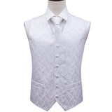 Barry Wang Men's Classic White Floral Jacquard Silk Waistcoat Vests Handkerchief Party Wedding Tie Vest Suit Pocket Square Set Mart Lion   