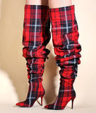 Color Blocking Plaid Pleated Sleeve Long Boots for Women with Slim High Heels and Seasonal MartLion   