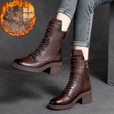 Women Shoes Winter Square Med  Boots Lace Up Zipper Ladies Pumps MartLion Brown Plush 35 