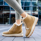 Women Plush Lined Ankle Boots Solid Color Thermal Lace Up Snow Boots Winter Warm Outdoor Short MartLion   