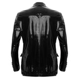 Men's Patent Leather Blazer Deep V-Neck Lapel Long Sleeve Button Motorcycle Jacket Stage Performance Hippie Coat Rave Clubwear MartLion   
