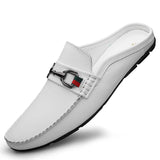 Summer Breathable Shoes Men's Genuine Leather Half Slip on Moccasins Casual Style Luxury Brand Half Loafers MartLion White 38 