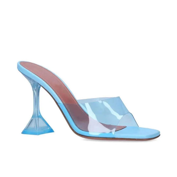 Star style Transparent PVC Women Slippers Square toe Cup heeled Summer Mules Slides High heels Sandals Shoes MartLion Sky blue 37 