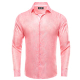 Coral Pink Paisley Men's Silk Shirt Spring Autumn Long Sleeve Wedding Turndown-Collar Dress Suit Shirt Formal Gift Hi-Tie MartLion CY-1699 S 
