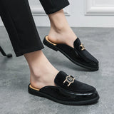 Men's Mules Leather Slipper Summer Walk Loafers Open Style Half Flat Shoes Casual Sandals Metal Lock Slides Moccasin MartLion   
