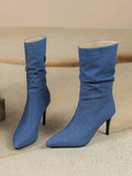 Pointed Toe Thin Heel Denim Boots with Mid Sleeve Fold 7.5cm High Women's Shoes Jean for Women MartLion blue 34 