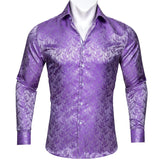 Luxury Purple Men's Silk Shirt Spring Autumn Long Sleeve Lapel Shirts Casual Fit Set Party Wedding Barry Wang MartLion GY-0417 S 