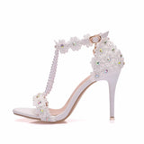 Crystal Queen Women Sandals Flowers Pearl Stilettos Bridal 9cm Evening Party High Heels Bridal Pumps Wedding Shoes MartLion   