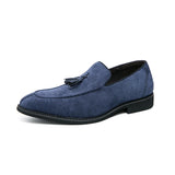 Design Men's Suede Leather Shoes Moccasins Purple Tassel Pointed Men's Loafers Vintage Slip-on Casual Social Dress MartLion Blue 21109-2 38 