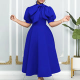 Party Dresses Woman Bow Collar Short Sleeve  Waisted Pleated Ankle Length Birthday Party Robe MartLion Blue Dress XXXL 