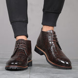 Men's Short Boot Lace-up Crocodile Grain Leather Ankle Martin Casual Shoes High Top Flats Mart Lion   