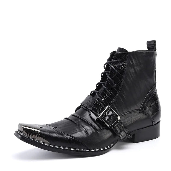  Men's Ankle Boots Buckle Strap Decoration Metal Pointed Toe Genuine Leather Zipper Cowboy Motorcycle Boots MartLion - Mart Lion