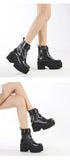 Winter Gothic Punk Womens Platform Boots Black Buckle Strap Zipper Creeper Wedges Shoes Mid Calf Military Combat Mart Lion   