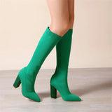 Green Women Cozy Knitting Stretch Fabric Knee High Boots Square Heels Autumn Winter Sock Long Shoes MartLion   