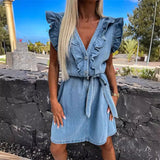 Women Ruffle Decoration Denim Dresses Button Deep V Neck Waist Lace-up Dress MartLion   